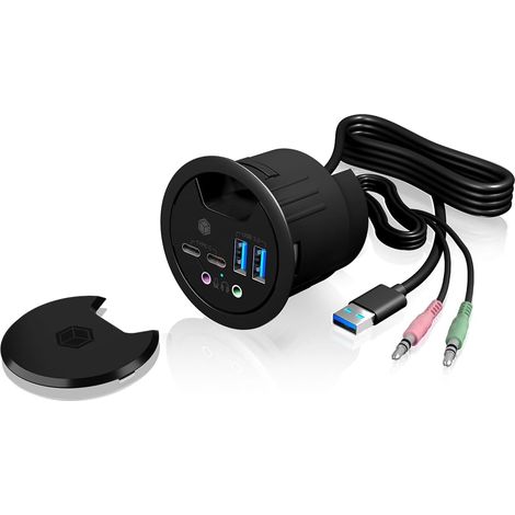 Hub USB de bureau (60 mm) à encastrer, 4 Ports USB 3.0 (2x USB-C & 2x USB-A), Entrée/sortie audio, Passe-câble, Noir, IB-HUB1403B (1/5)