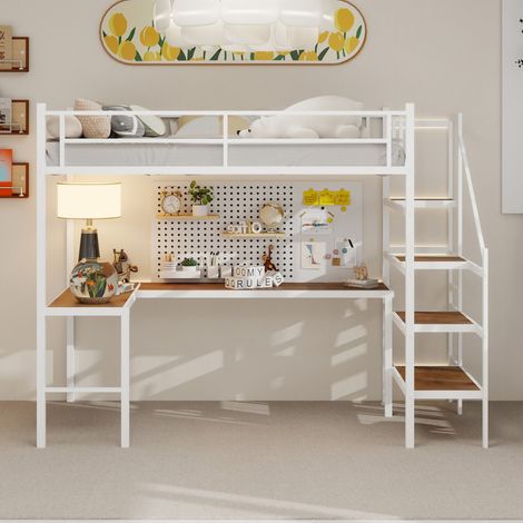 Lit mezzanine 90x190 cm avec bureau en L, grand rangement, étagères, escalier, rambarde continue, gain de place, silencieux - Blanc (sans Matelas) (1/5)