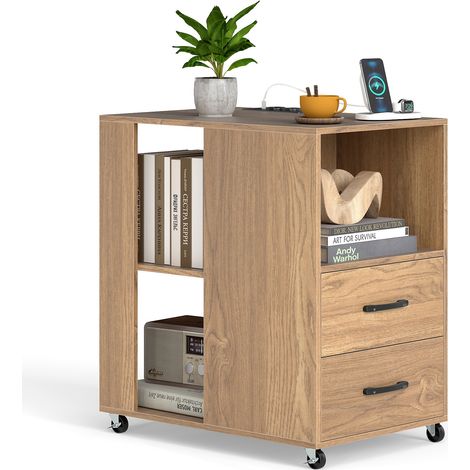 COSTWAY End Side Table Rolling Nightstand with Storage Drawers & Shelves-Natural (1/5)