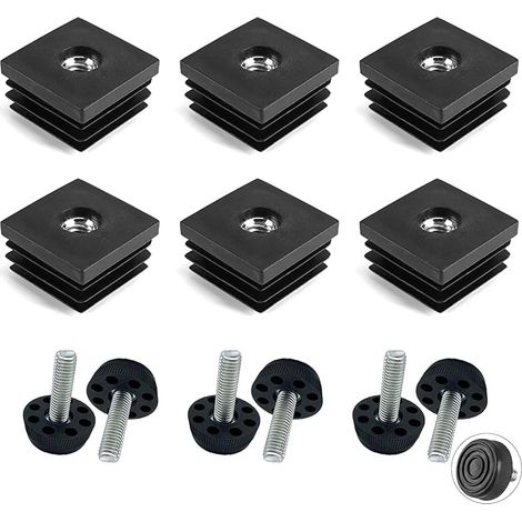 6 Pièces Bouchon Fileté Carré en Plastique, Pied Vérin Fileté Réglable, Embout de Bouchon 30×30mm, Filetage M8, pour Tube Carré Chaises Canapés Étagères Tables