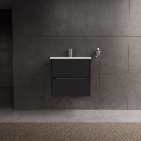 Inda - Badezimmerschrank 2 Schubladen L.60 mit glänzendem Waschbecken / Mattschwarz - diamante