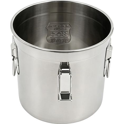 Recipiente para almacenar arroz, fabricado en acero inoxidable duradero, con mecanismo de cierre seguro, color plata. (1/2)