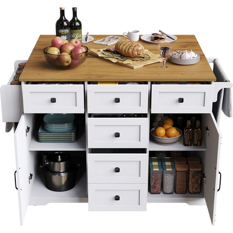 MODFU - Desserte de cuisine, buffet avec table de bar pliante, 5 tiroirs 2 portes, poignées en métal, 147×44/70×93 cm, MDF, blanc (1/5)