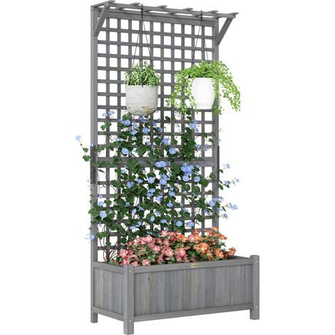 Dark Grey Raised Wooden Planter with Trellis and Drainage Holes 90 x 45 x 183 cm (1/5)