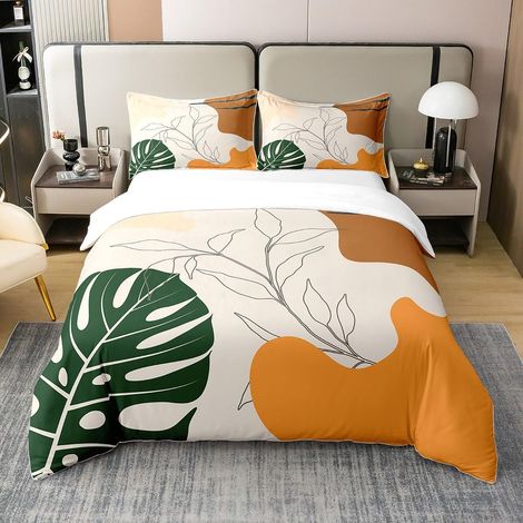 Housse de Couette 140x200 Palmier en Coton, Ensemble de Literie Boho Botanique pour Jeunes, Parure de Lit Feuille Botanique Exotique, Literie Art Moderne Abstrait, Vert Jaune (1/5)