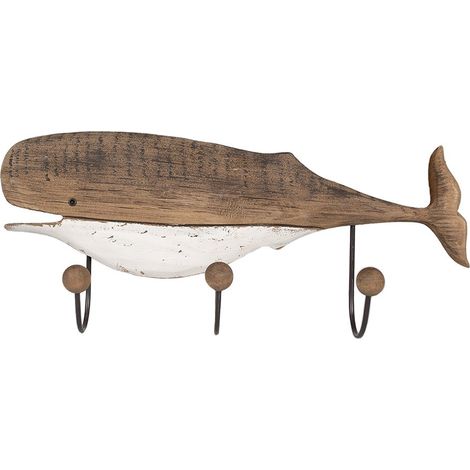 Patère Murale 3 Crochets Motif Baleine en Bois Marron et Blanc 53 x 10 x 23 cm - PANGIVO