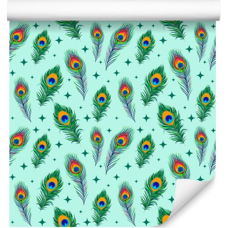 Papier peint Paon Menthe et Mer pour salon et chambre 50x1000 cm (1/5)