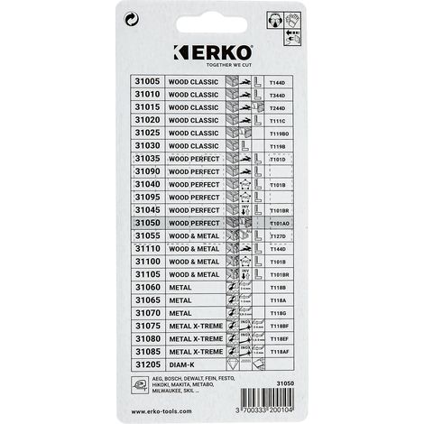 Lames de scies sauteuses parquet, coupe courbe, 50 mm Erko, 18 dents/pouce, carte de 5 - ERKO (1/4)