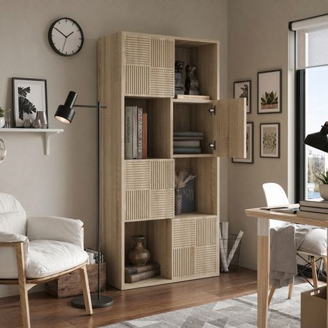 VASIEN – Bibliothèque étagère de rangement 8 compartiments,Bibliothèque basse avec 4 portes,60x30x125cm,Meuble de rangement Modulable, style moderne/scandinave,pour Salon Bureau,Chêne Clair (1/5)