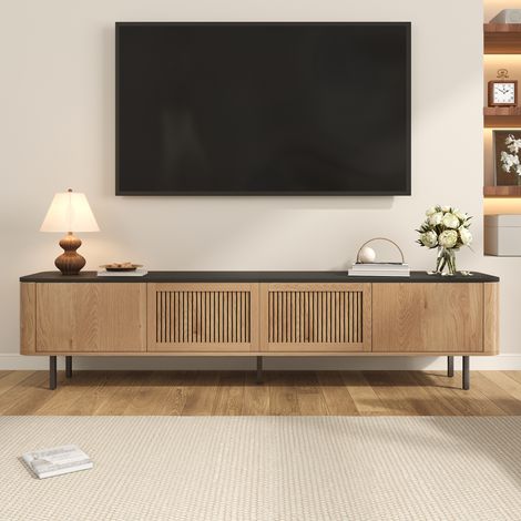 Mueble bajo para TV de salón/dormitorio con espacio de almacenamiento, puertas de malla, MDF, patas de metal, 190x35x45 cm, natural/negro (1/5)