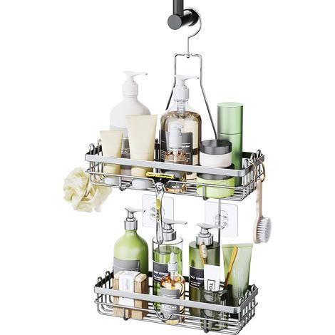 Étagère de douche à suspendre – Étagère de douche à 2 niveaux en acier inoxydable résistant à la rouille, panier de salle de bain sans perçage, organisateur de douche pour accessoires de salle (1/5)