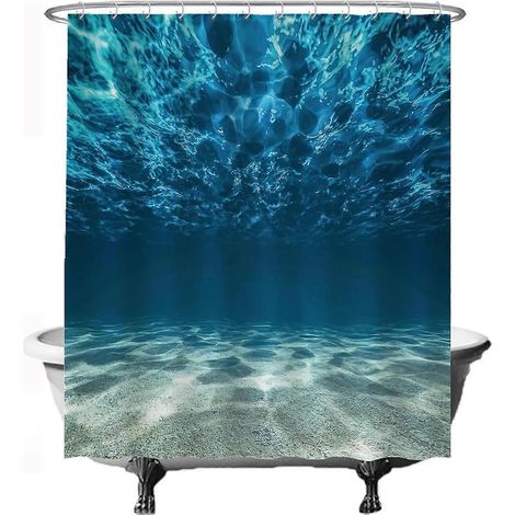 Rideau de douche bleu 180 x 200 cm - Océan, mer calme, plongée, aquarium, plage, été - Anti-moisissure - Lavable - Imperméable - Avec anneaux (1/5)