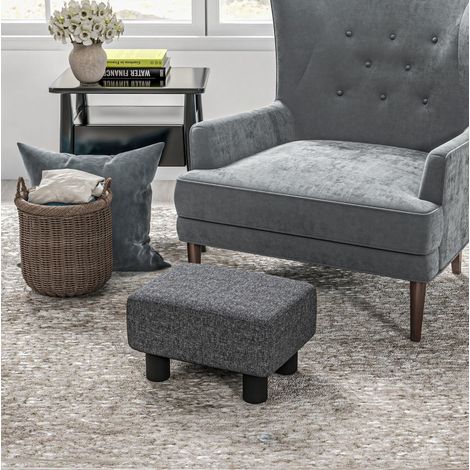 Puf reposapiés (40x30x24 cm), asiento acolchado, estructura de madera, lino, gris oscuro (1/5)