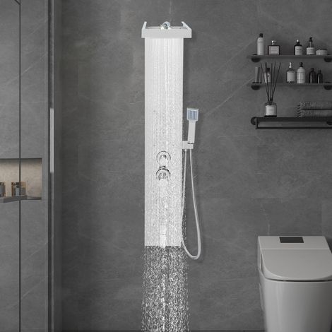 Système de panneau de douche, tour de panneau de douche à LED, mode pluie, mode cascade, bec de baignoire, avec pomme de douche à main, ensemble de douche mural en acier inoxydable, argent (1/5)