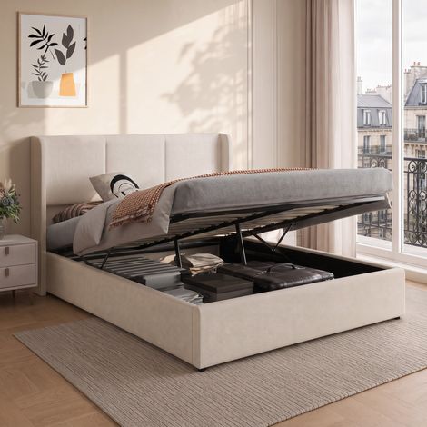 Lit coffre 160x200 cm, sommier à lattes , rangement hydraulique, tête de lit rembourrée, tissu velours, Beige (1/5)