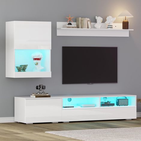 Ensemble meuble TV 3 pièces 175×39×34 cm, blanc laqué brillant, LED. Vitrine, étagères, pose ou fixation murale. Pour TV jusqu’à 80 pouces.