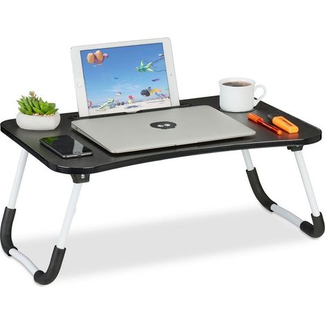 Table lit et canapé ordinateur portable, porte-tablette, encoche gobelet, HxLxP : env. 26x63x40 cm, blanc/noir (1/5)