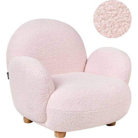 Fauteuil Enfant Rembourré Pieds en Bois Siège Bouclé Rose Hem
