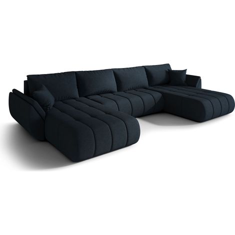 Canapé d’angle velours chenille panoramique convertible avec coffre LUMEN-Bleu foncé (1/4)
