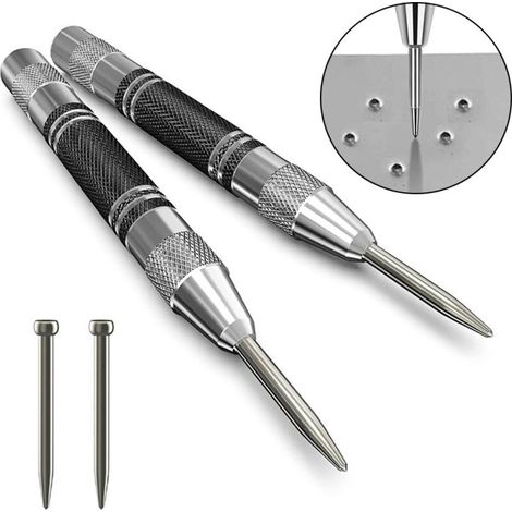 2-teiliges automatisches Körnerset, automatischer Körner, Federspannungs-Körner, einstellbarer Schlag, für Holz, Wand, Metall, mit 2 Ersatzspitzen