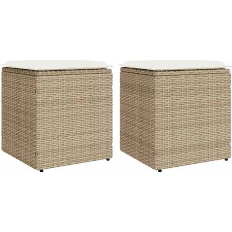 Vidaxl – Lot de 2 tabourets de jardin en résine tressée beige – Dimensions 40 x 40 x 43 cm – Coussin épais 3 cm – Résistance UV et eau