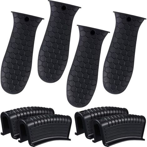 Lot de 8 maniques en silicone avec poignées en fonte, résistantes à la chaleur, antidérapantes et réutilisables pour poêles (noires) (1/4)