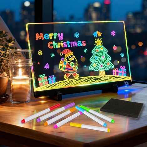 Tableau D'Affichage Led Avec Couleurs, Tablette à Dessin Lumineuse 30 x 20 cm, Tablette Lumineuse Dessin Effaçable avec 7 Stylos Néons, Pour Enfants, Café, Maison, Bureau (1/5)