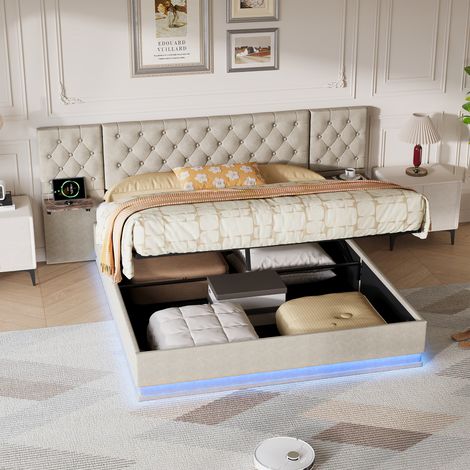 Lit coffre 160x200, Lit double capitonné en lin avec tête de lit rembourrée, éclairage LED RGB, rangement hydraulique, ports USB et Type-C, Beige (1/5)
