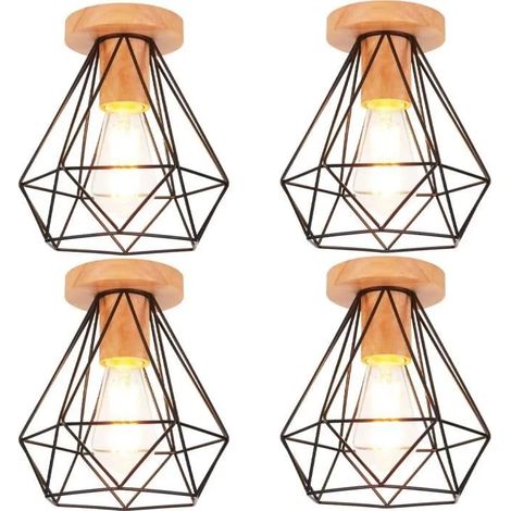 U-do 4pcs Plafonnier Cage Noir,Lampe Plafonnier Industrielle Vintage en Métal designe Simple Style Edison pour Salon Chambre (1/4)