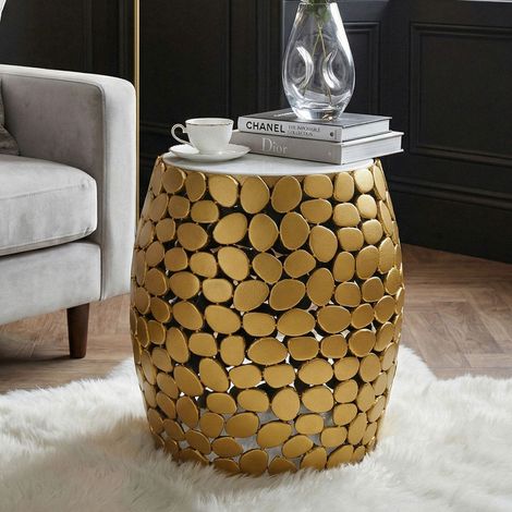 Table d'appoint ronde galet 40x46 cm en marbre et aluminium doré (1/5)