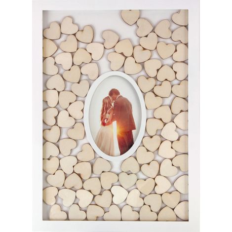Fotorahmen Hochzeits-Gästebuch mit 72 Holz Herzen zum Beschriften