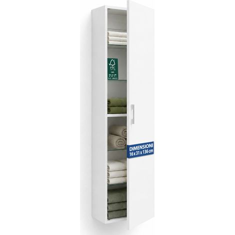 Pensile a Colonna da Bagno Alto con 1 Anta Mobile Armadio Slim Bianco 16x32x136cm (1/5)