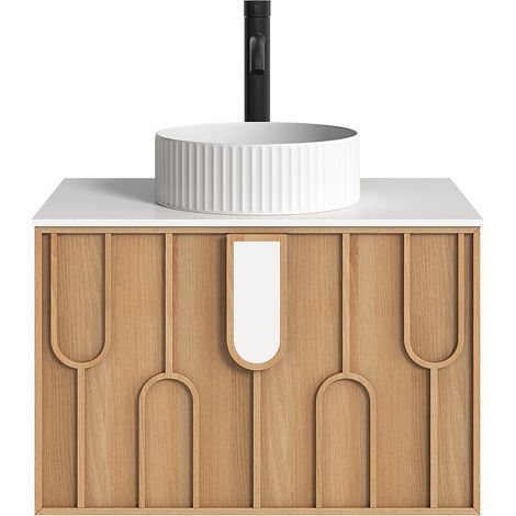 Meuble de salle de bain texturé suspendu avec vasque à poser ronde striée et robinet - Naturel clair - L75 cm - MERKAN (1/4)