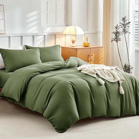 Ensemble de literie 4 pièces Super King Vert olive avec drap-housse, microfibre