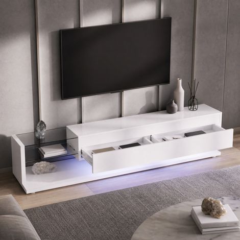 Mueble TV 170 x 36 x 38 cm blanco brillo con 2 cajones, 2 estantes de vidrio y LED regulable HAVRYA (1/5)
