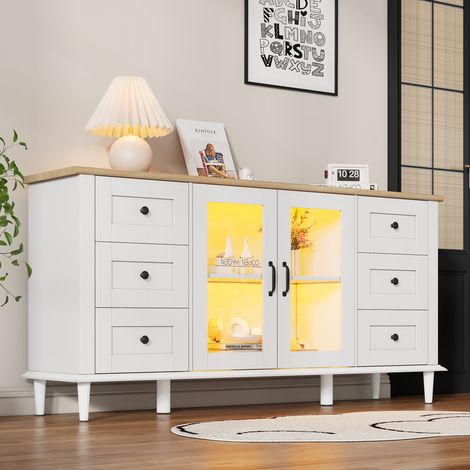 Wohnzimmer-Sideboard 150 x 40 x 75 cm, Sideboard mit 2 Acryltüren, 6 Schubladen, LED-Beleuchtung, großzügiger Stauraum, weiß + Holzoptik