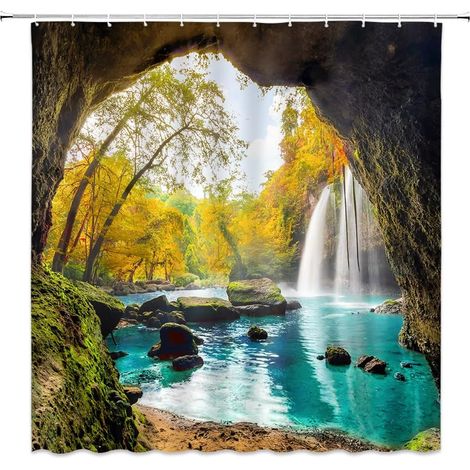 Wald Wasserfall Duschvorhang Naturlandschaft Regenwald Berglandschaft Frühling Sommer Dschungel Grün Moos Bäume Pflanze Bach Felsen See Outdoor Dekostoff Badezimmervorhang mit Haken (1/2)