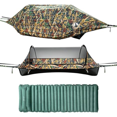 Hamac d'extérieur imperméable Night Cat : tente hamac plate avec moustiquaire, bâche et matelas gonflable XXL pour 1 personne – Idéal pour le camping, la randonnée et le jardin, camouflage (1/5)
