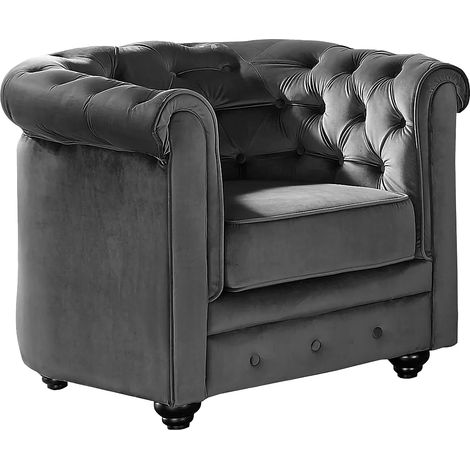 Vente-Unique – Fauteuil relax Chesterfield en velours anthracite – Dossier capitonné – 1 place – Charge max 120 kg – Dimensions 85x72x78 cm (1/3)