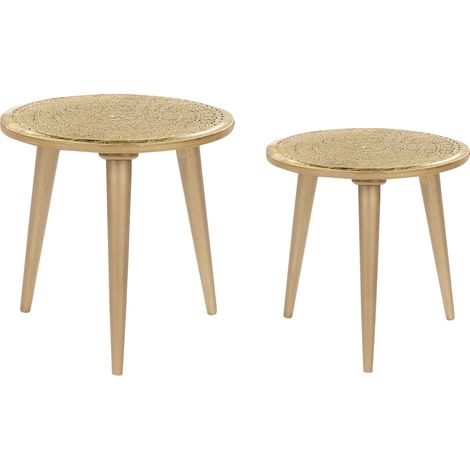 Conjunto de 2 mesas auxiliares de madera de mango dorada floral desgastado Narra