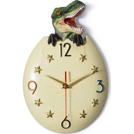 Horloge murale enfant, motif œuf de dinosaure, idéale pour le salon, la chambre ou la chambre d'enfant. Décoration mignonne pour garçon, cadeau idéal, fonctionne à piles - T-Rex 33 cm (1/5)