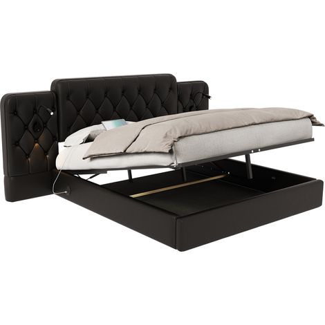 Lit coffre 160 x 200 cm en cuir régénéré noir avec tête de lit XL, lampes de lecture, USB intégrés et relevage hydraulique, rangement discret – CHICFURN (1/5)