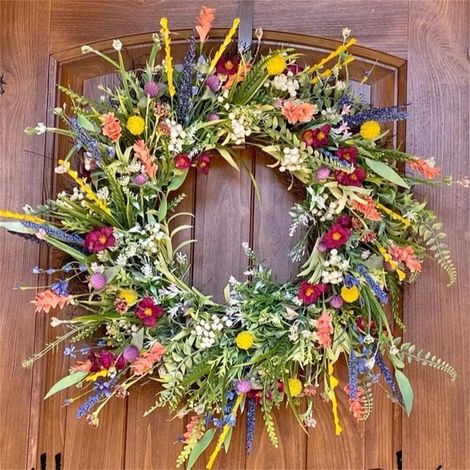 Couronne Artificielle De Fleurs Sauvages - Marguerite Lavande Vert - Pour Porte Extérieure Mur Fenêtre Intérieur Extérieur - 45 cm - 1 Pièce (1/5)