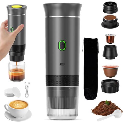 Caffettiera portatile da viaggio, riscaldamento rapido 3 in 1, 12V, riscaldamento automatico in 4-6 minuti, capsule grandi, caffè macinato, ideale per campeggio, ufficio, casa e auto (cenere)