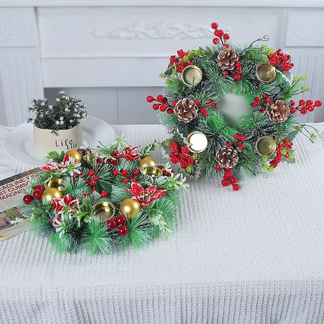 Guirlande De Noël - Couronne À Bougeoirs Simulée Avec Fruits Rouges Et Pignons - Décoration Intérieure Pour Table Et Mur - 1 Pièce (1/5)