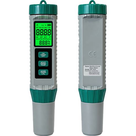 Testeur numérique de qualité de l'eau 4-en-1 (pH, TDS, EC, Température), écran LCD, boutons verts, 3 sachets de poudre d'étalonnage pH, kit complet (1/5)