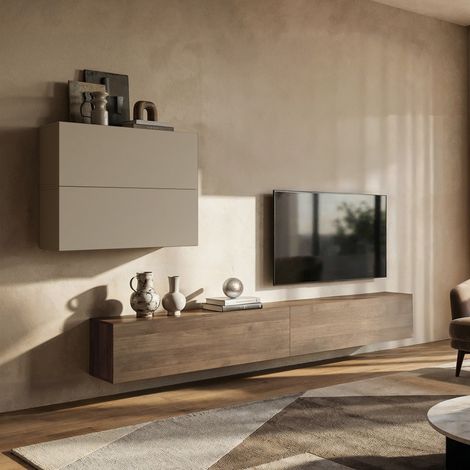 Pared Modular Suisio, Mueble de Salón 4 Estantes, Modular, Puerta Abatible, Beige (1/4)