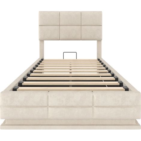 Lit rembourré moderne en velours 90x200 cm avec tête de lit réglable en hauteur - avec ports USB/Type-C, éclairage d'ambiance LED, système de levage hydraulique et rangement XXL (sans matelas) - beige