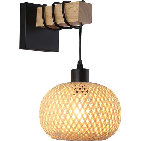 ALPINALUZ Aplique de Pared con Soporte de Madera Natural y Pantalla de Mimbre Colgante, Base Metal Negro Casquillo E27 para Salón Pasillo (1/5)