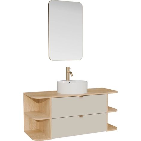 Meuble de salle de bain suspendu avec niches, vasque à poser ronde, robinet et miroir - Beige et naturel clair - 120 cm - LAVENA (1/5)